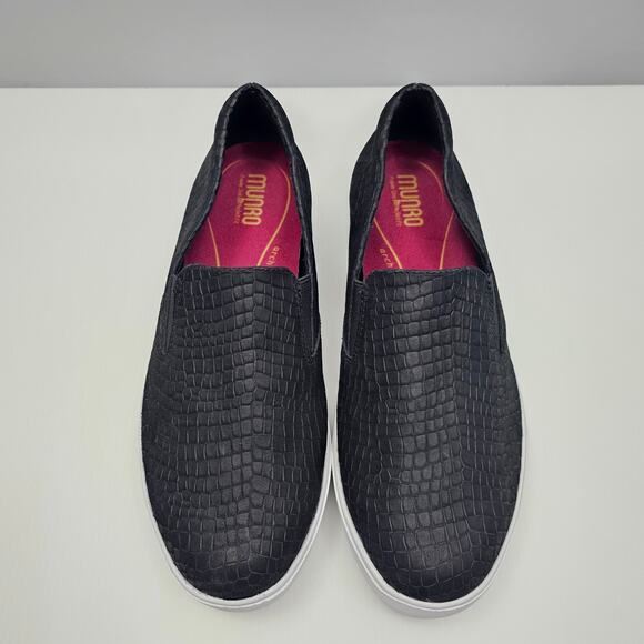 Munro Lennox Sneaker Womens 9 WIDE Black Nubuck Croc Embossed Slip On Platform - Picture 4 of 14